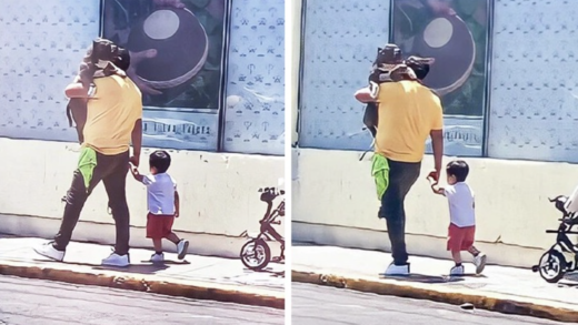 father-praised-for-choosing-to-carry-his-large-dog-instead-his-small-son